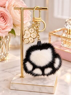 Black & White Fur Paw Pom-Pom Keychain with Gold Hardware